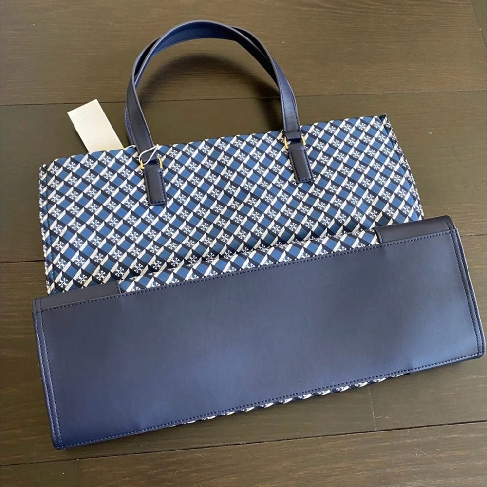 Tory Burch Ella Nylon Mixed Print Tote Navy Crimson Red Geo Logo - Picture 3 of 8